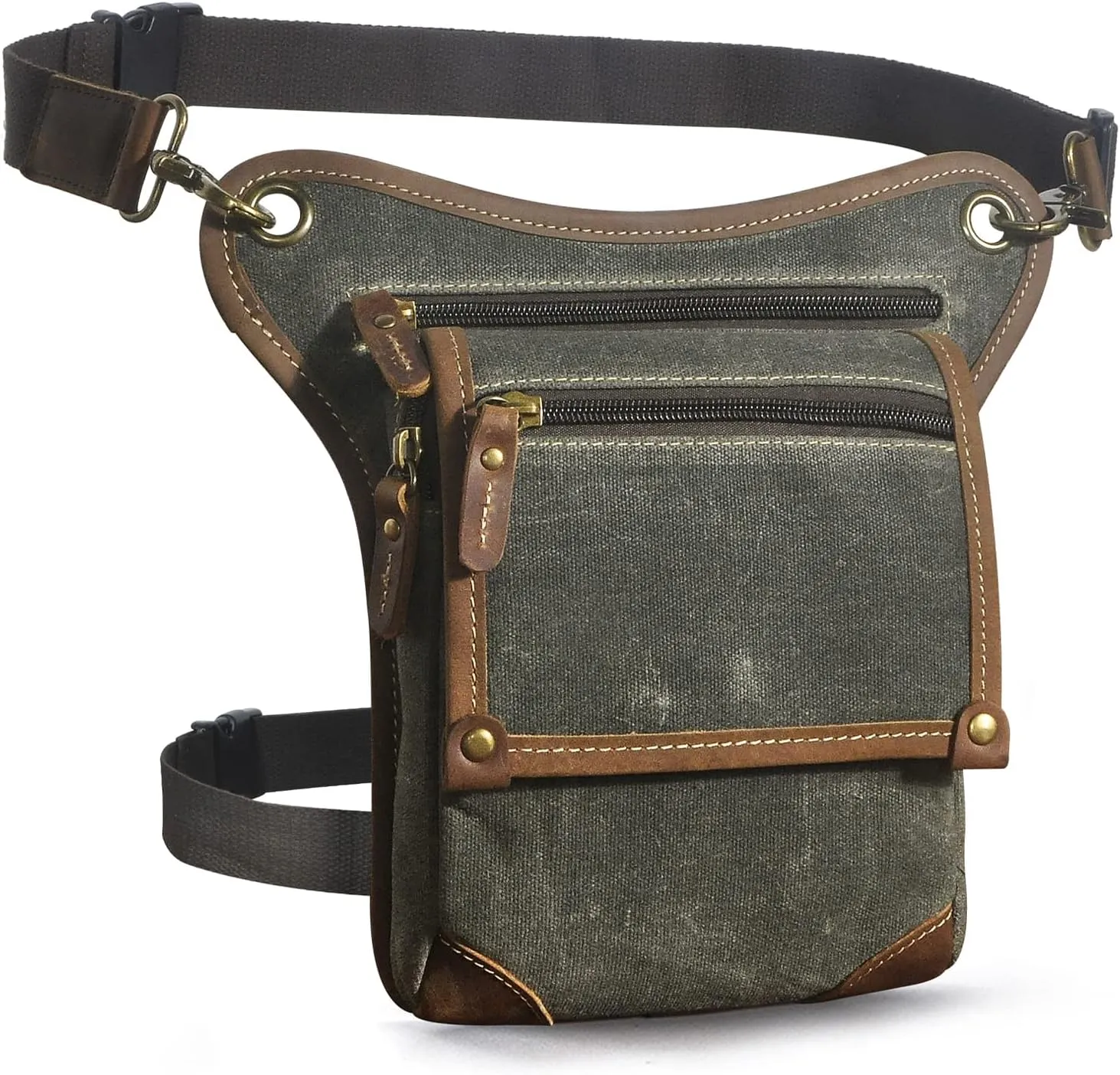 Le'aokuu Mens Canvas And Genuine Leather Messenger Waterproof Hiking Waist Hip Bum Pack Drop Leg Bag 211-4 (Green)