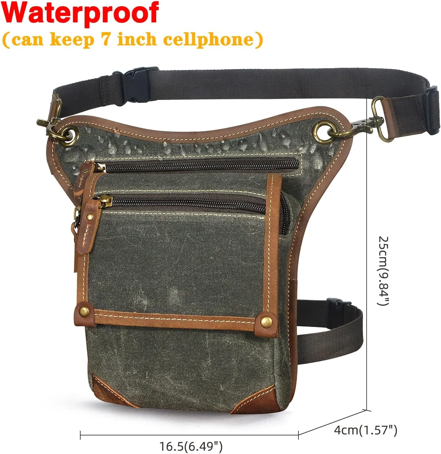 Le'aokuu Mens Canvas And Genuine Leather Messenger Waterproof Hiking Waist Hip Bum Pack Drop Leg Bag 211-4 (Green)