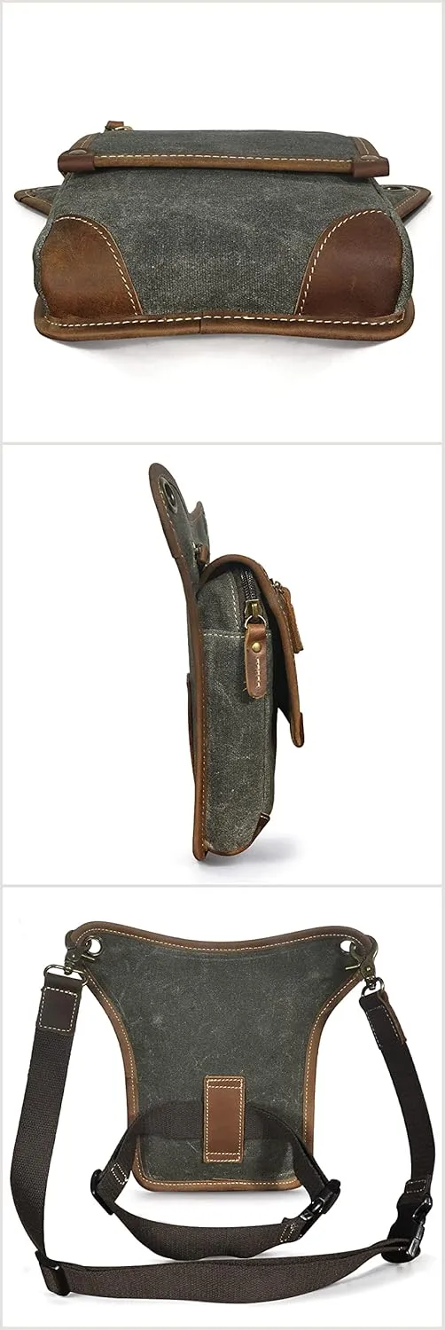 Le'aokuu Mens Canvas And Genuine Leather Messenger Waterproof Hiking Waist Hip Bum Pack Drop Leg Bag 211-4 (Green)