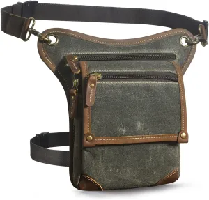 Le'aokuu Mens Canvas And Genuine Leather Messenger Waterproof Hiking Waist Hip Bum Pack Drop Leg Bag 211-4 (Green)