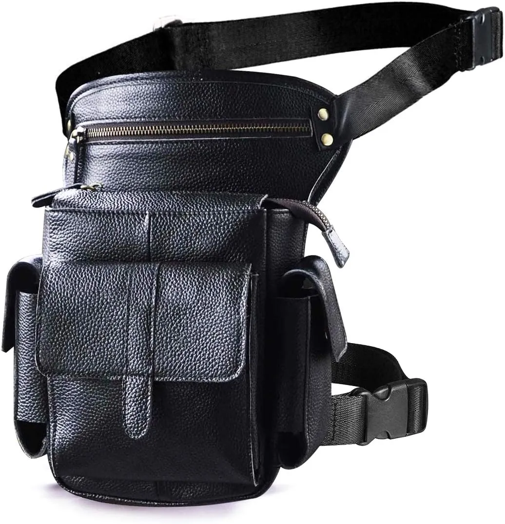 Le'aokuu Mens Genuine Leather Bike Cycling Waist Hip Bum Fanny Pack Drop Leg Bag