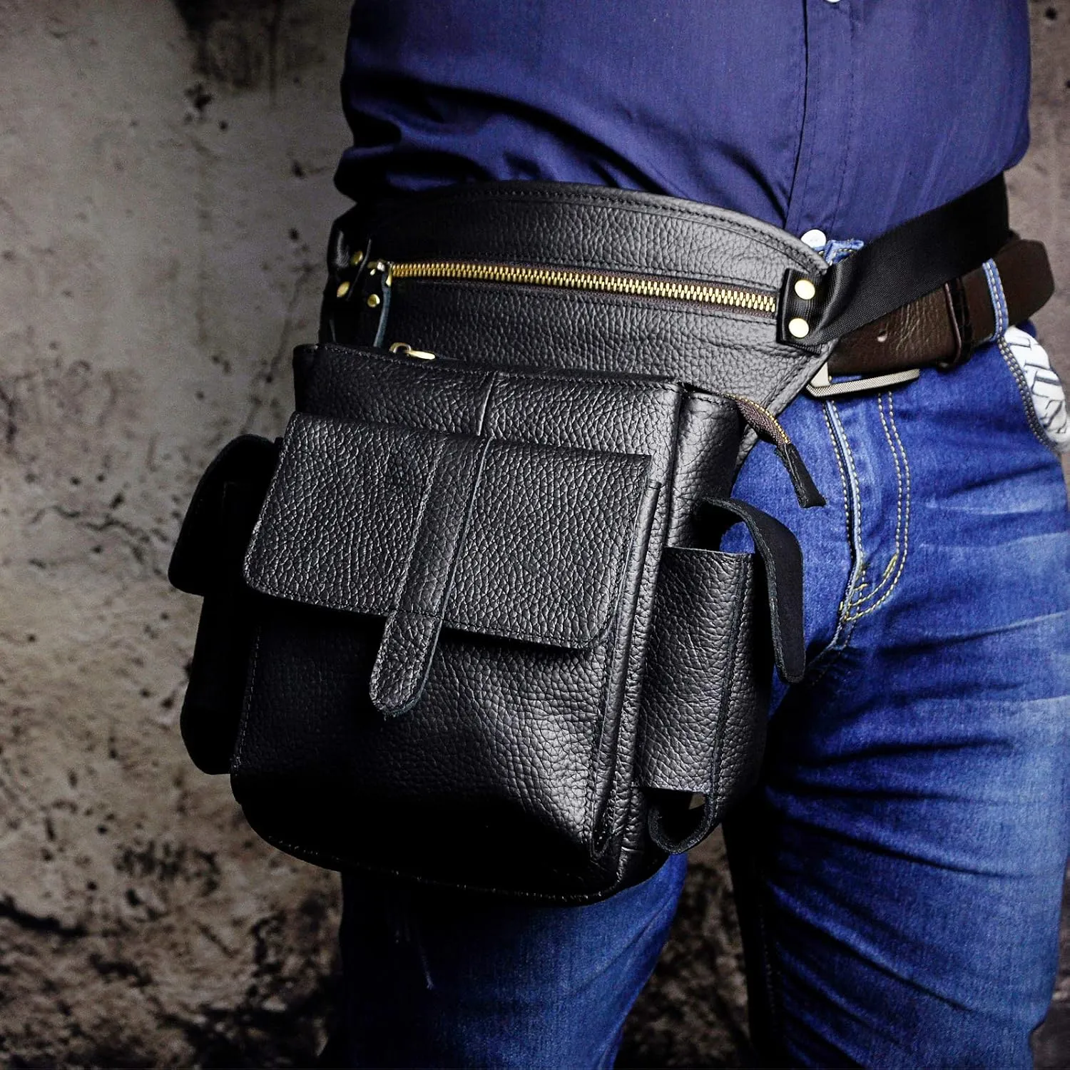 Le'aokuu Mens Genuine Leather Bike Cycling Waist Hip Bum Fanny Pack Drop Leg Bag