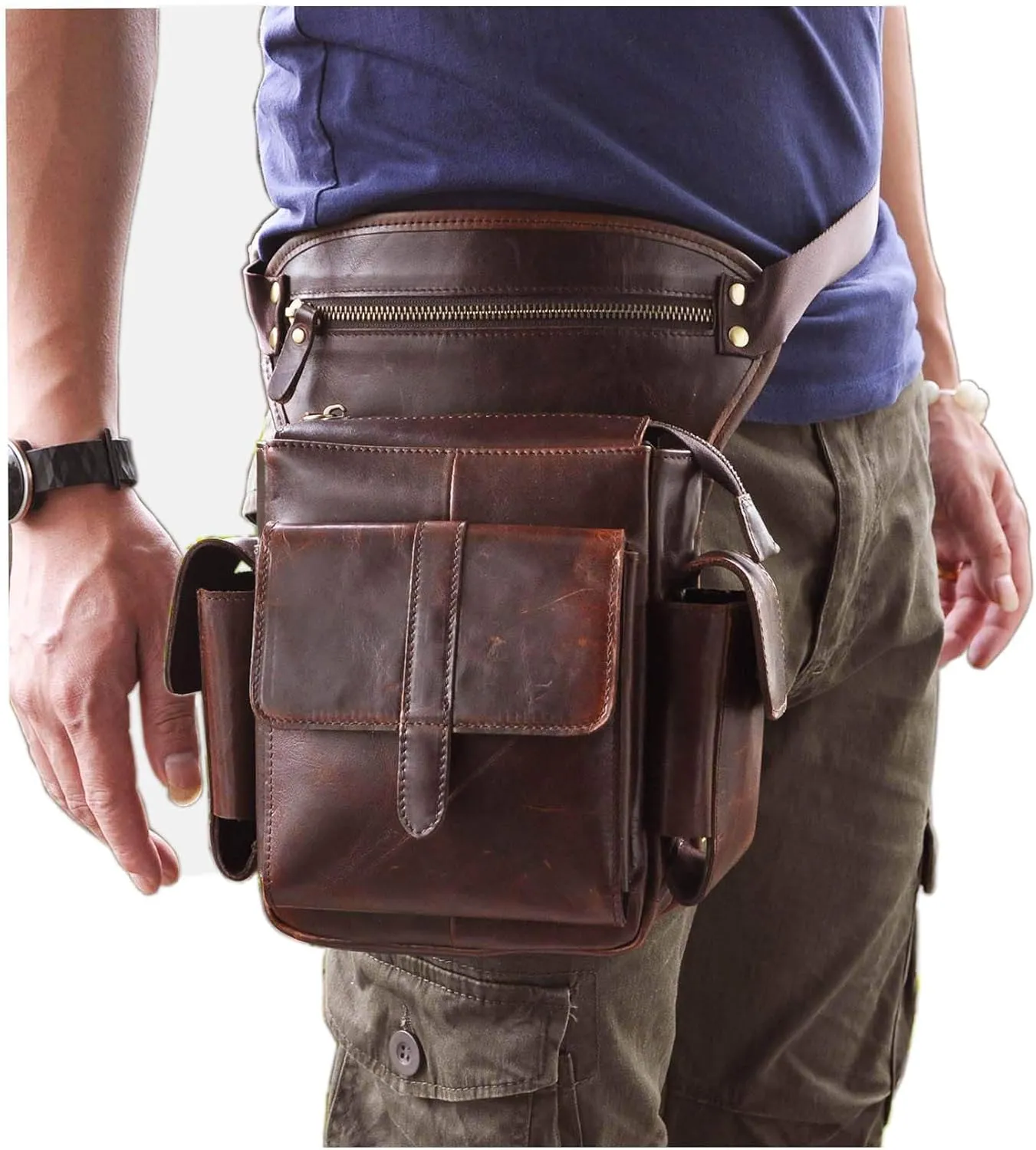 Le'aokuu Mens Genuine Leather Bike Cycling Waist Hip Bum Fanny Pack Drop Leg Bag