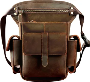 Le'aokuu Mens Genuine Leather Bike Cycling Waist Hip Bum Fanny Pack Drop Leg Bag