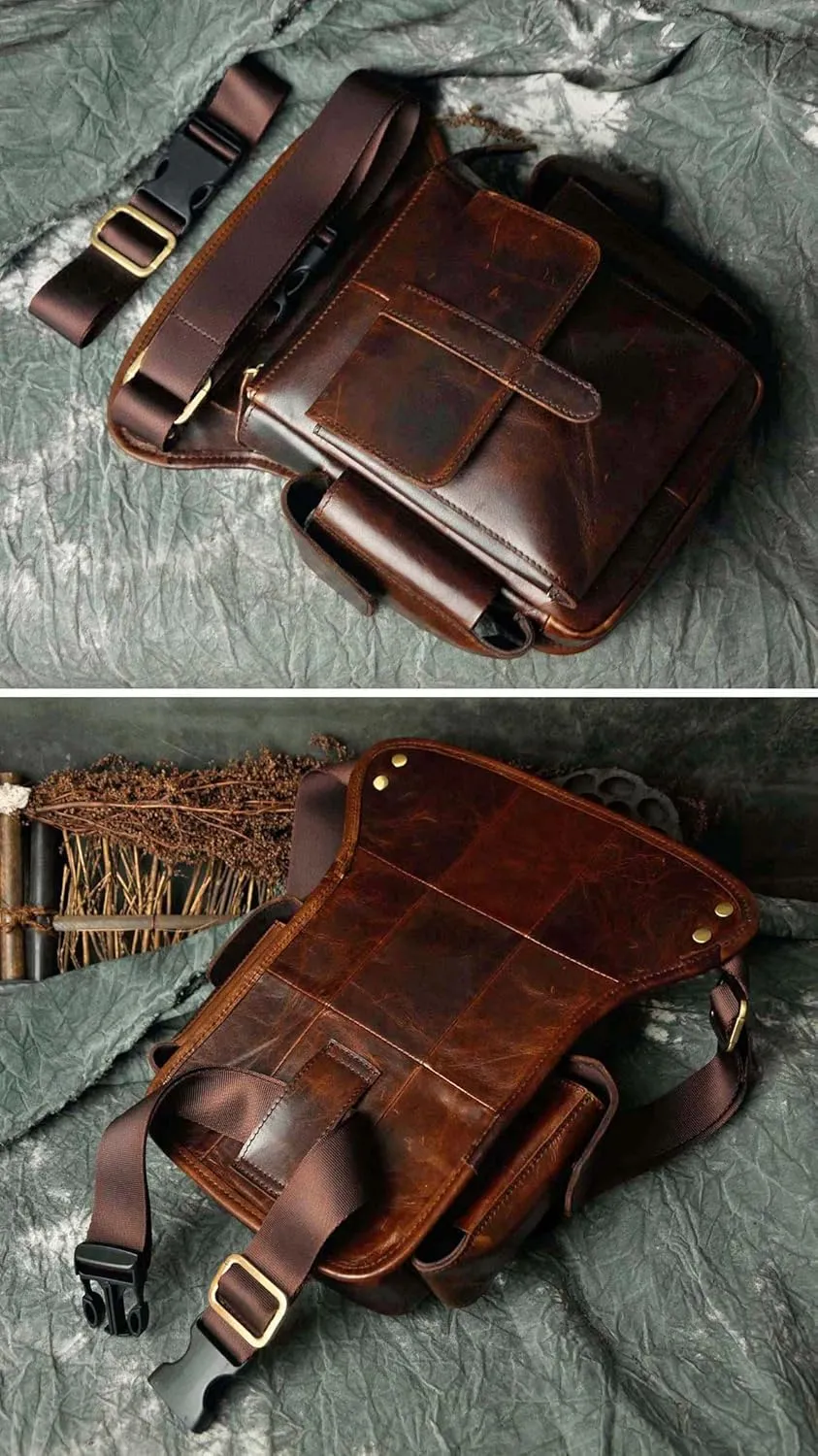 Le'aokuu Mens Genuine Leather Bike Cycling Waist Hip Bum Fanny Pack Drop Leg Bag