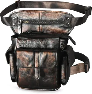 Le'aokuu Mens Genuine Leather Bike Cycling Waist Hip Bum Fanny Pack Drop Leg Bag