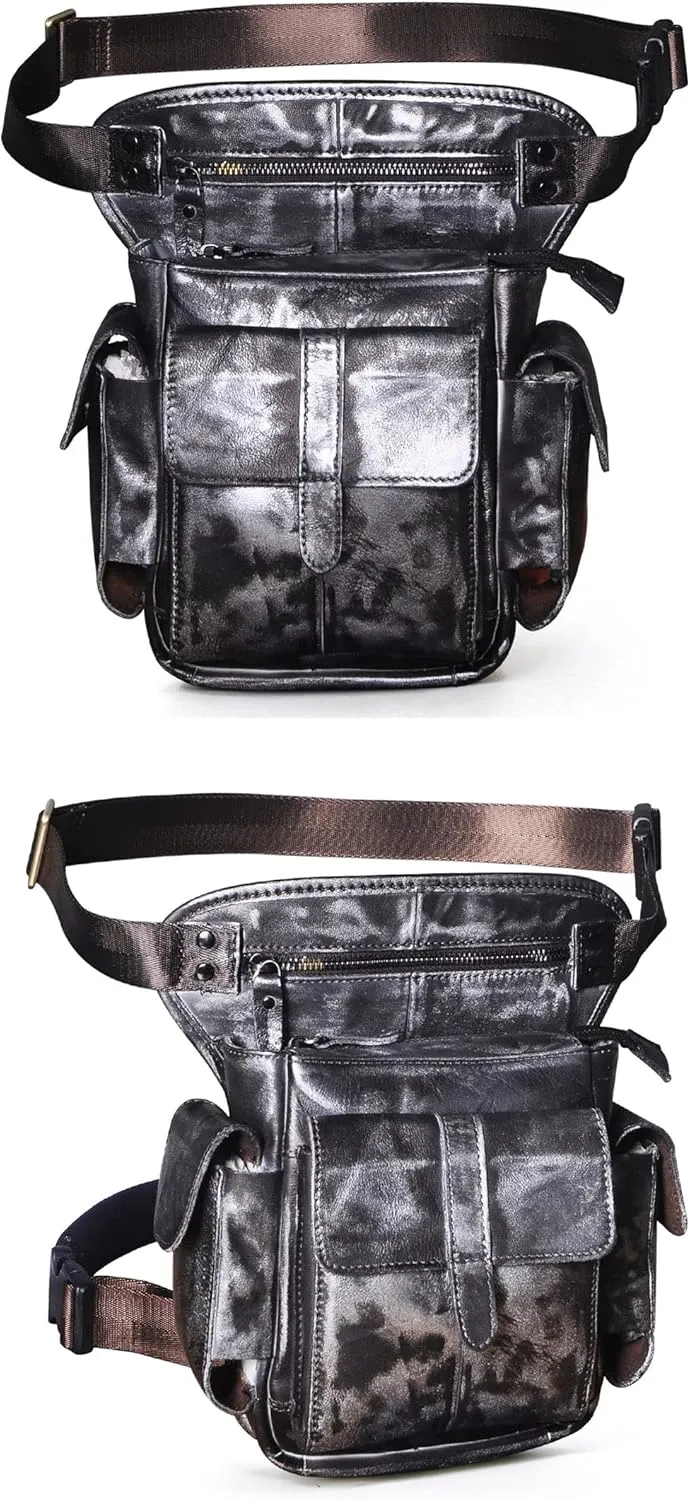 Le'aokuu Mens Genuine Leather Bike Cycling Waist Hip Bum Fanny Pack Drop Leg Bag