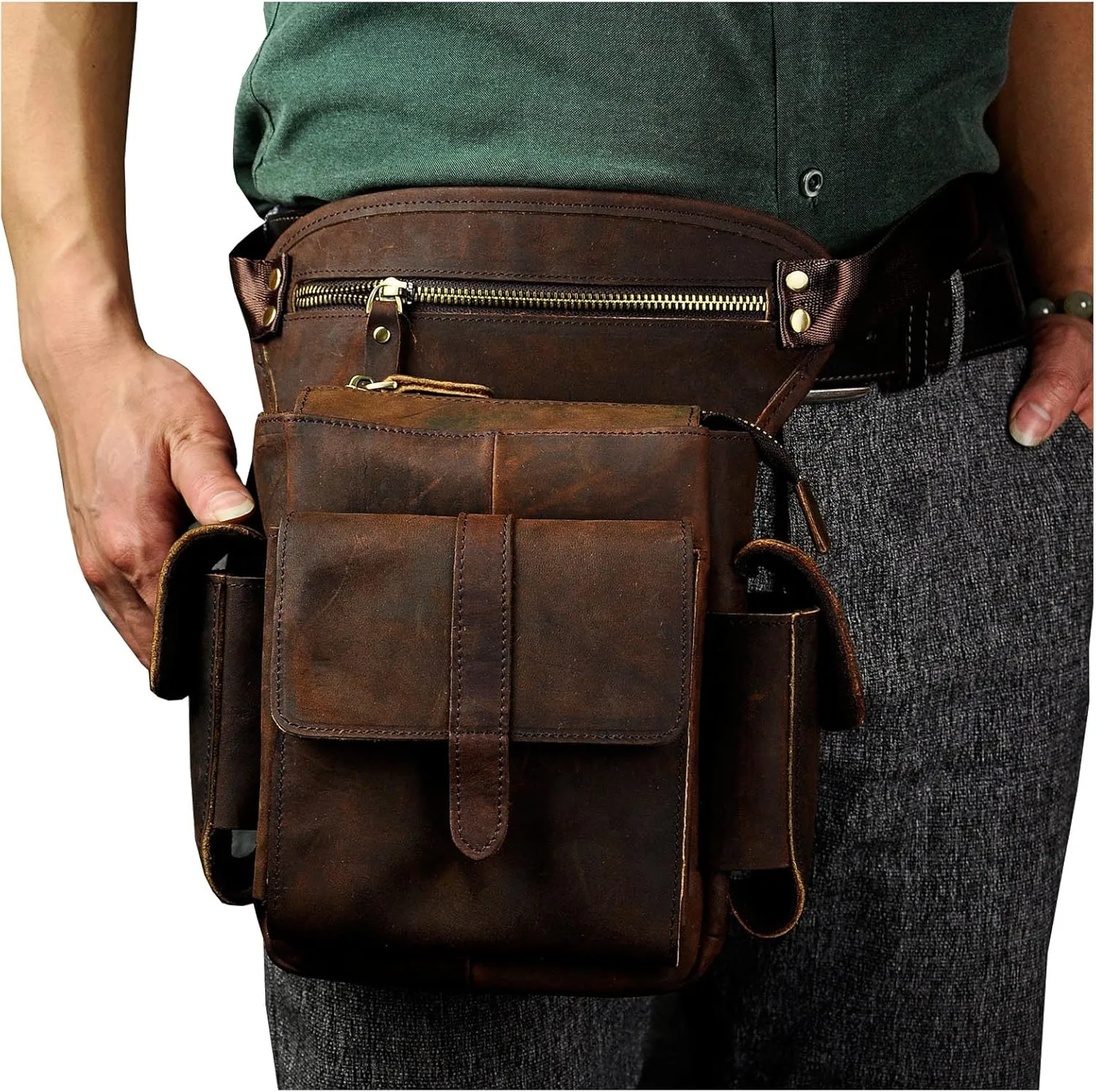 Le'aokuu Mens Genuine Leather Bike Cycling Waist Hip Bum Fanny Pack Drop Leg Bag