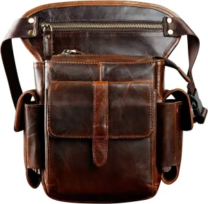 Le'aokuu Mens Genuine Leather Bike Cycling Waist Hip Bum Fanny Pack Drop Leg Bag
