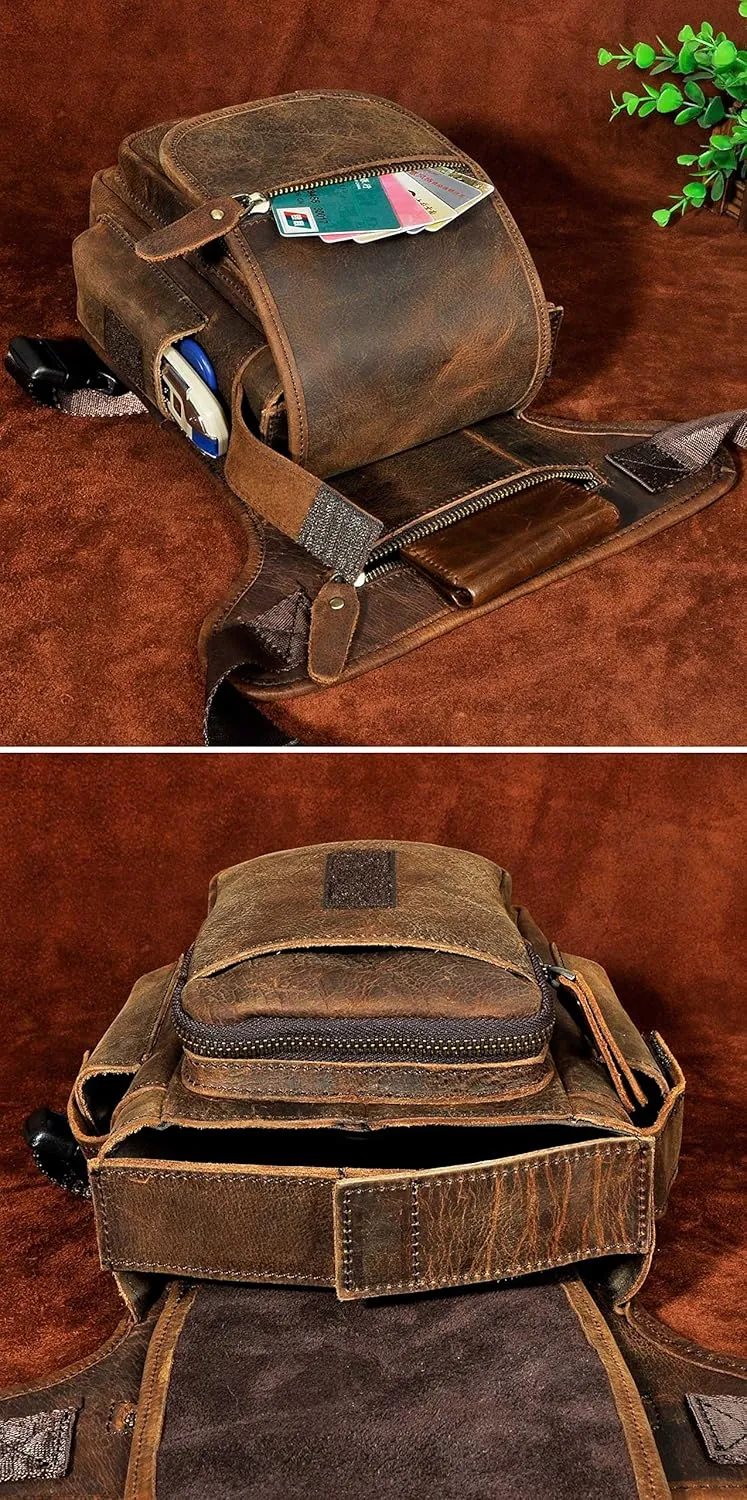 Le'aokuu Mens Genuine Leather Climbing Cycling Belt Waist Bag Hip Bum Fanny Pack Drop Leg Bag