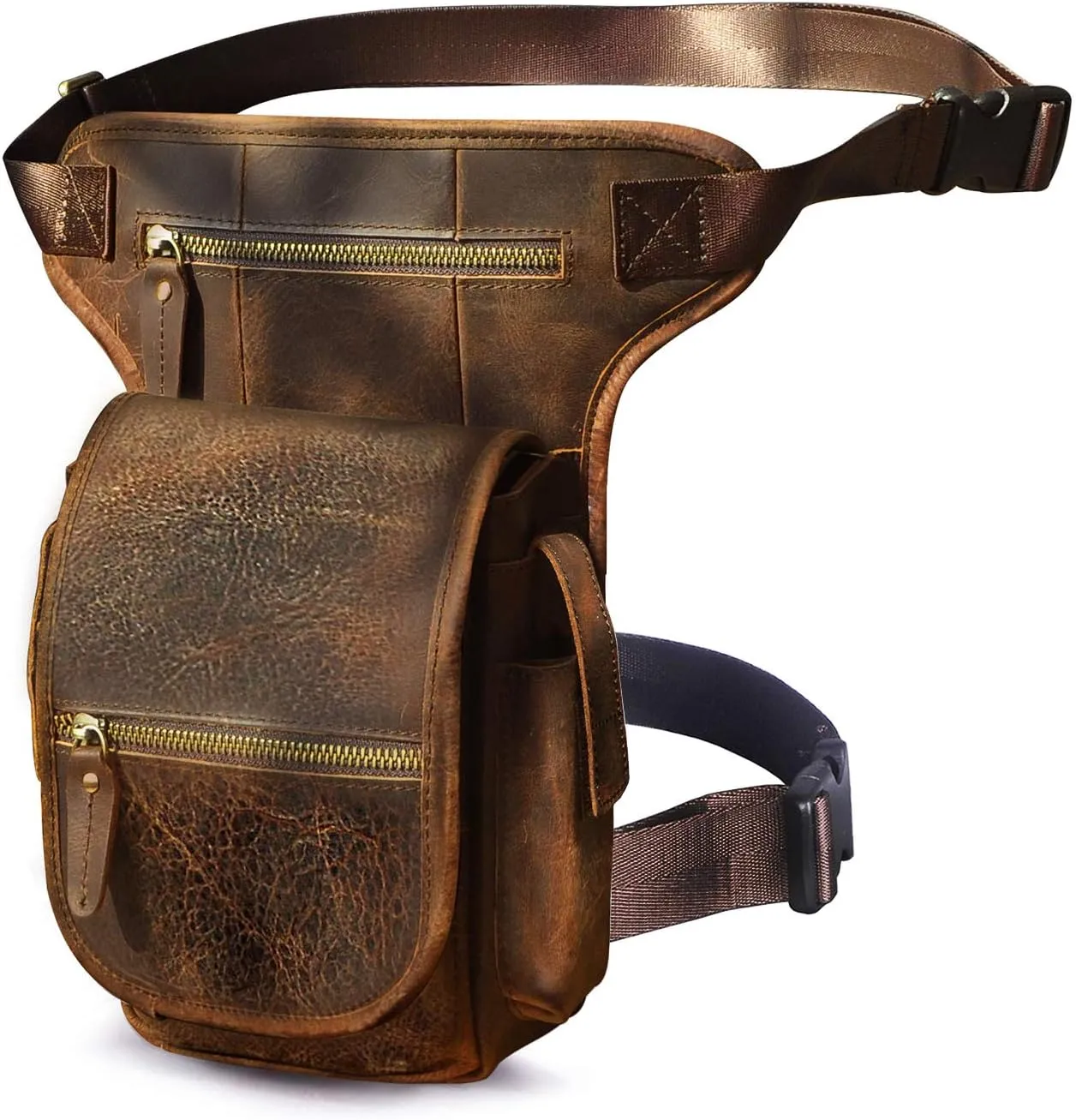 Le'aokuu Mens Genuine Leather Climbing Cycling Belt Waist Bag Hip Bum Fanny Pack Drop Leg Bag