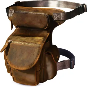 Le'aokuu Mens Genuine Leather Climbing Cycling Belt Waist Bag Hip Bum Fanny Pack Drop Leg Bag