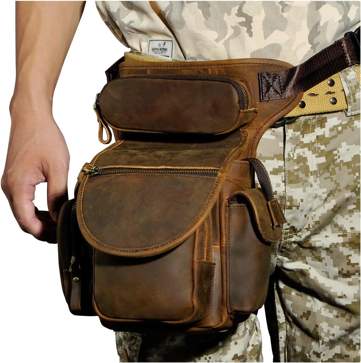 Le'aokuu Mens Genuine Leather Climbing Cycling Belt Waist Bag Hip Bum Fanny Pack Drop Leg Bag