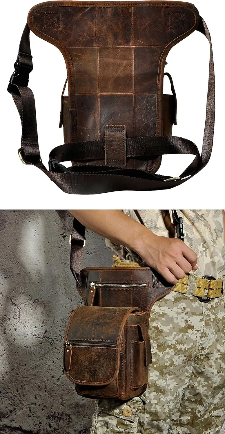 Le'aokuu Mens Genuine Leather Climbing Cycling Belt Waist Bag Hip Bum Fanny Pack Drop Leg Bag