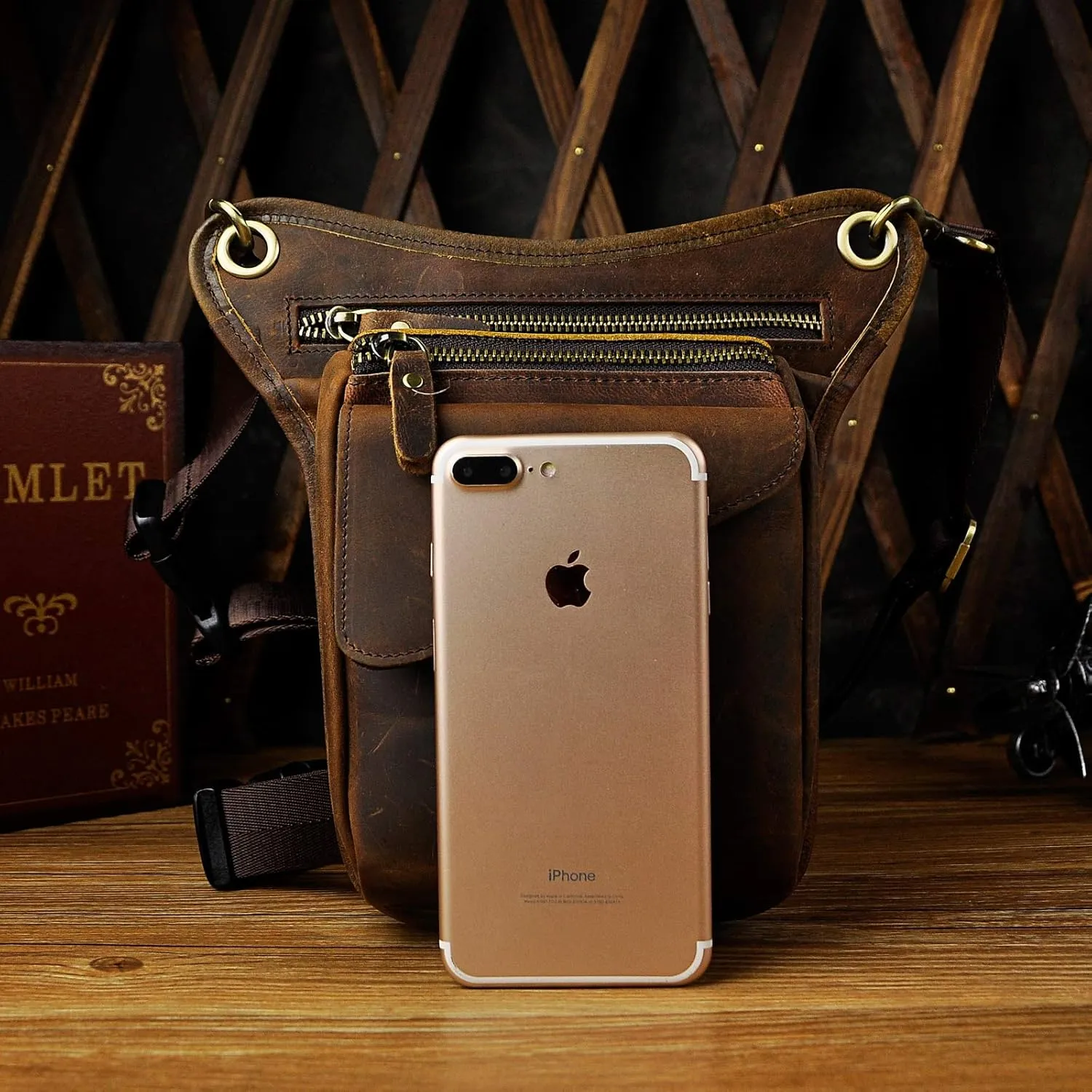 Le'aokuu Mens Genuine Leather Messenger Hiking Waist Hip Bum Pack Drop Leg Bag 211-3