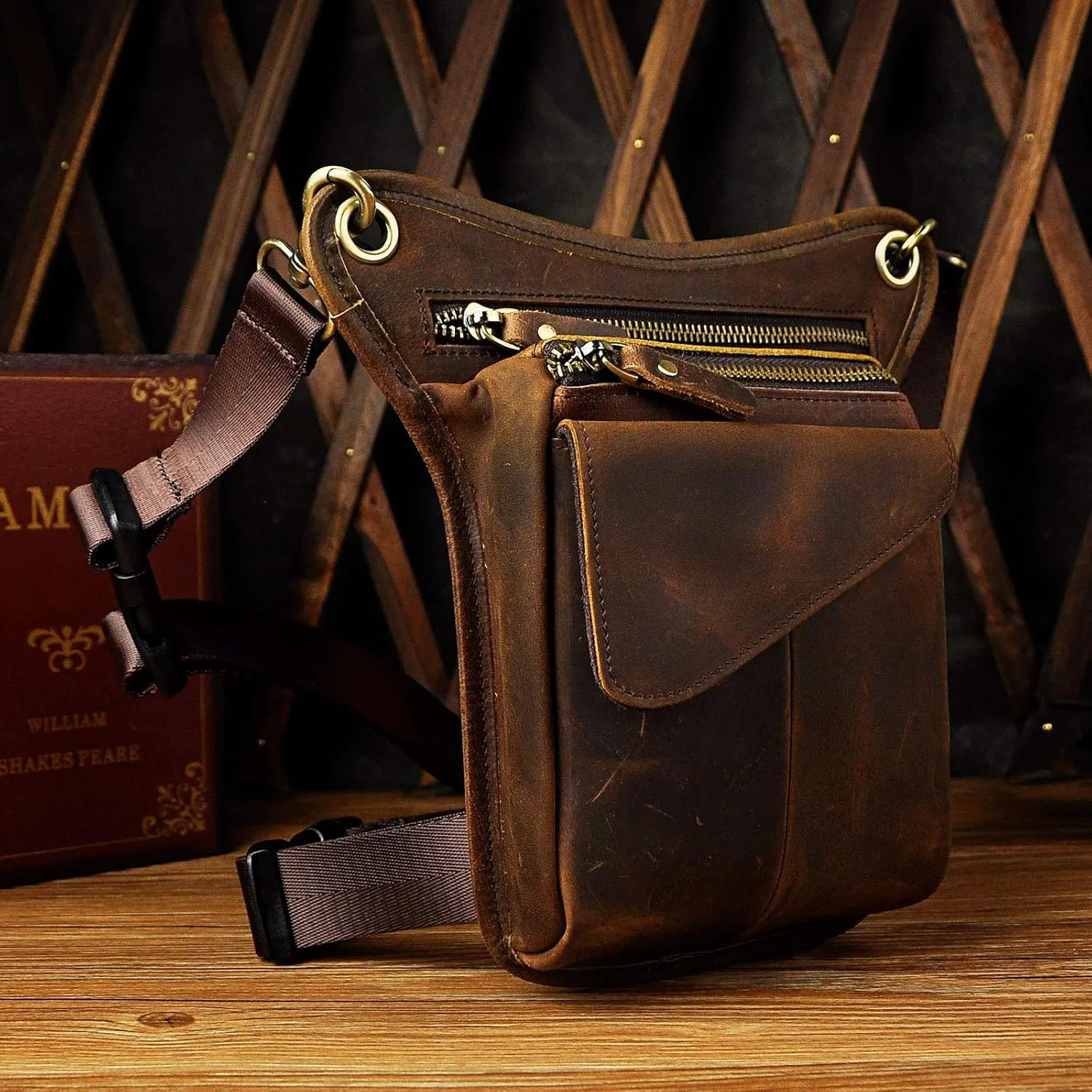 Le'aokuu Mens Genuine Leather Messenger Hiking Waist Hip Bum Pack Drop Leg Bag 211-3