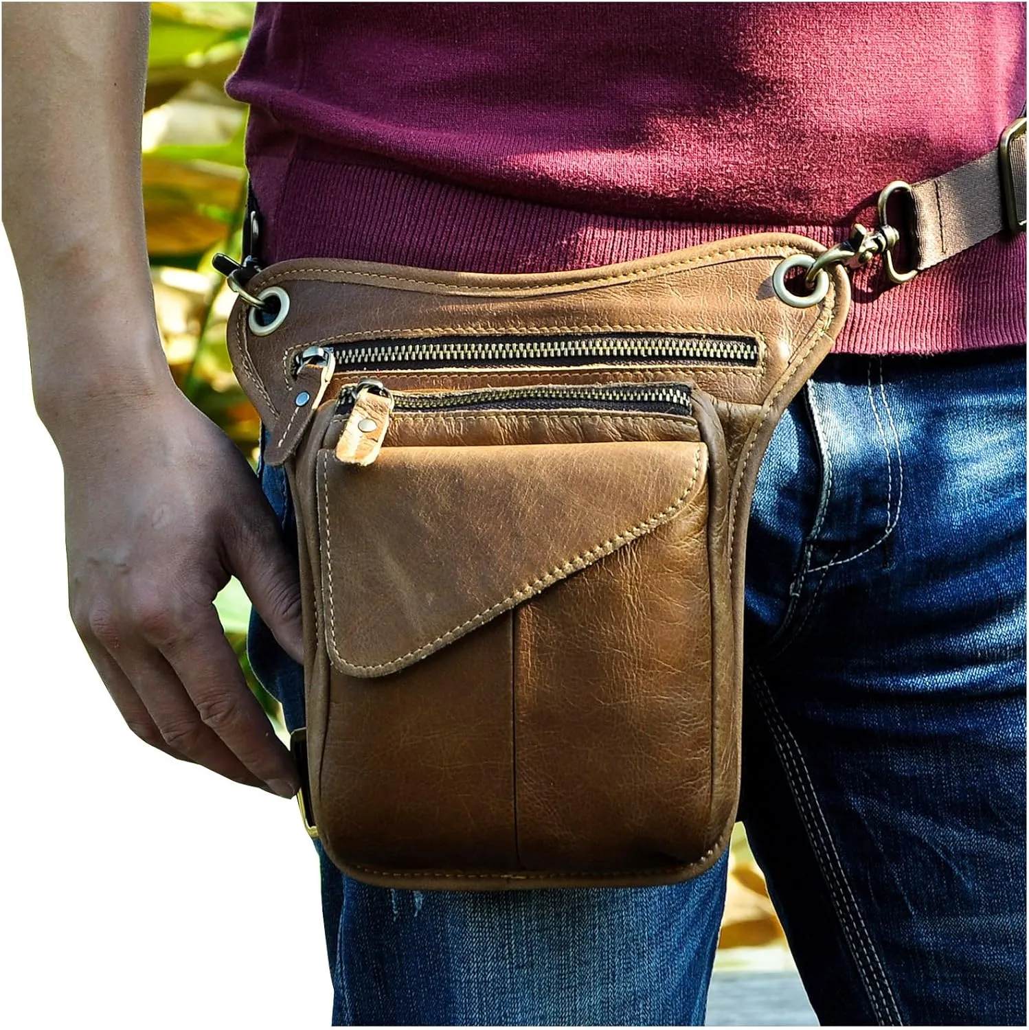 Le'aokuu Mens Genuine Leather Messenger Hiking Waist Hip Bum Pack Drop Leg Bag 211-3