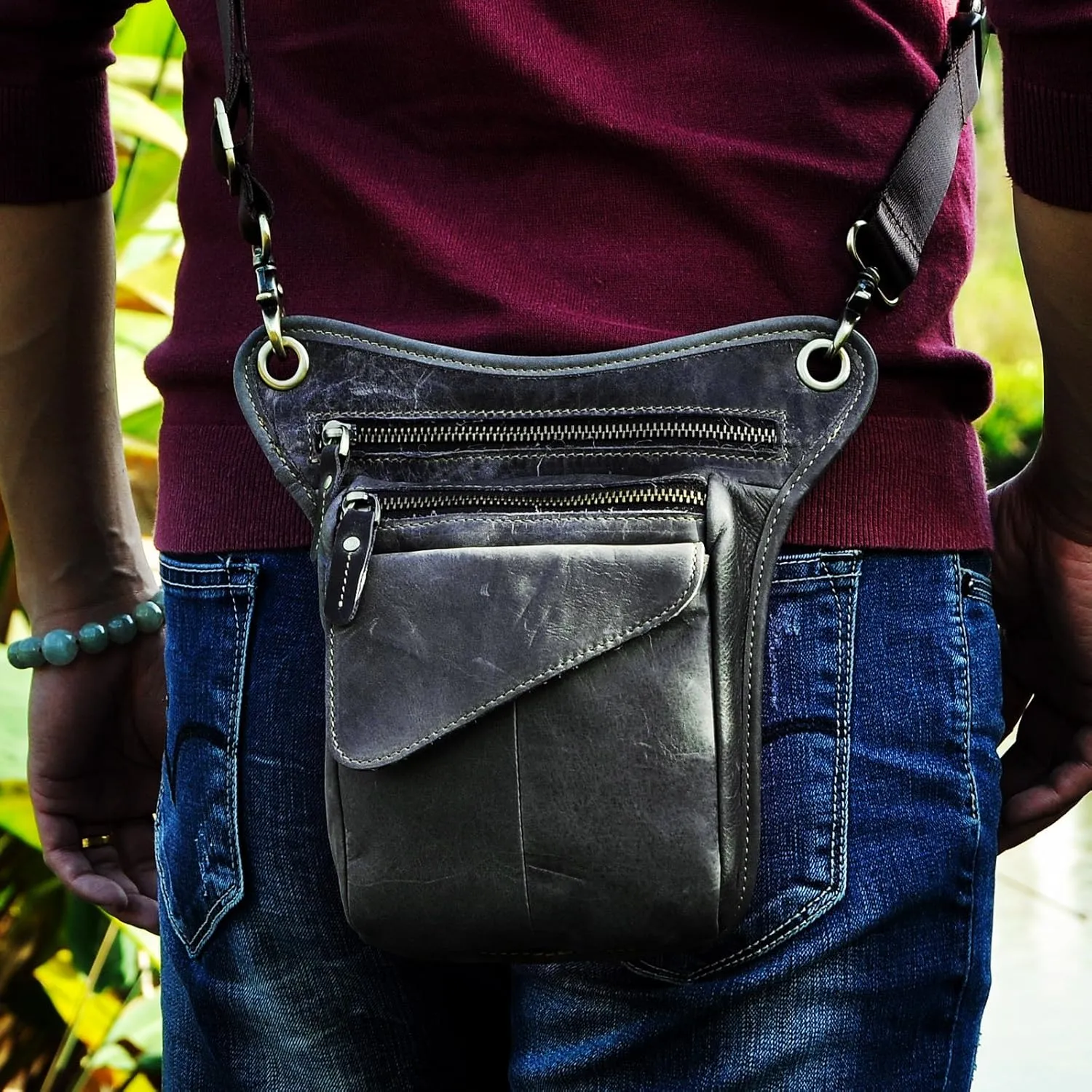 Le'aokuu Mens Genuine Leather Messenger Hiking Waist Hip Bum Pack Drop Leg Bag 211-3