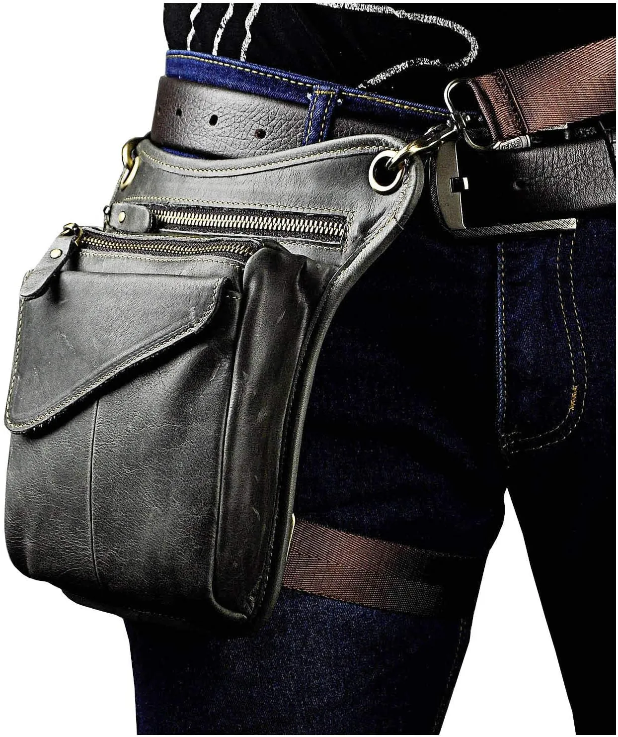 Le'aokuu Mens Genuine Leather Messenger Hiking Waist Hip Bum Pack Drop Leg Bag 211-3