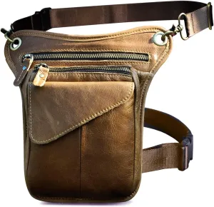 Le'aokuu Mens Genuine Leather Messenger Hiking Waist Hip Bum Pack Drop Leg Bag 211-3