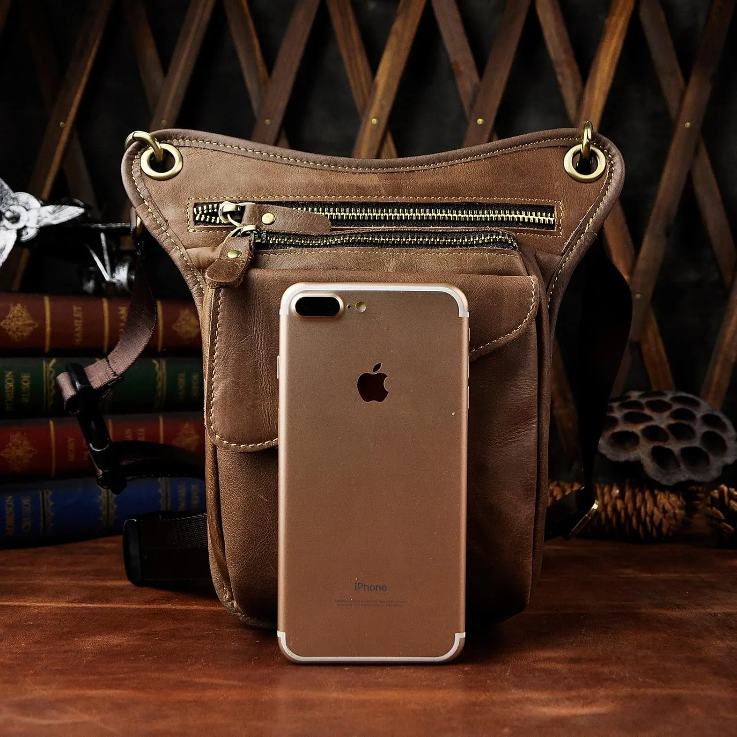 Le'aokuu Mens Genuine Leather Messenger Hiking Waist Hip Bum Pack Drop Leg Bag 211-3