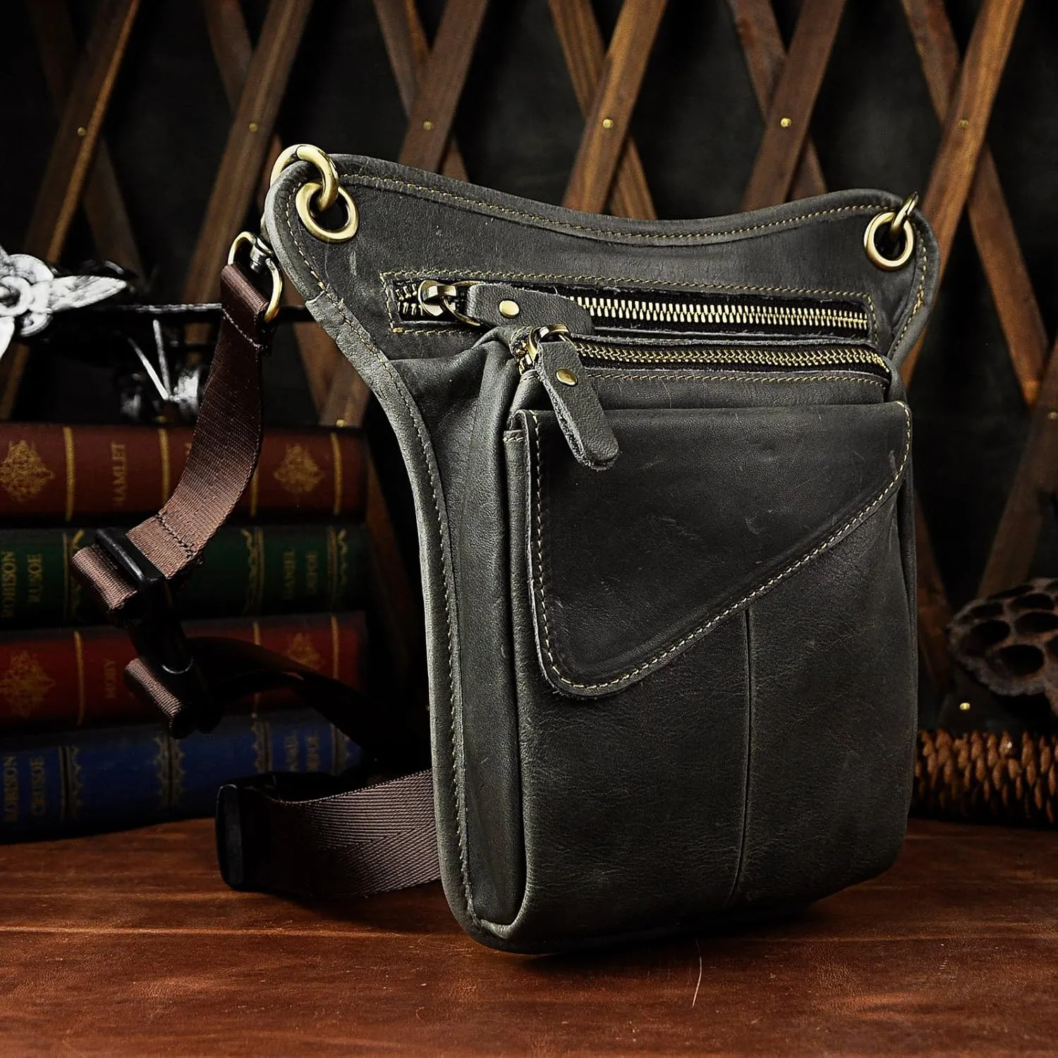 Le'aokuu Mens Genuine Leather Messenger Hiking Waist Hip Bum Pack Drop Leg Bag 211-3