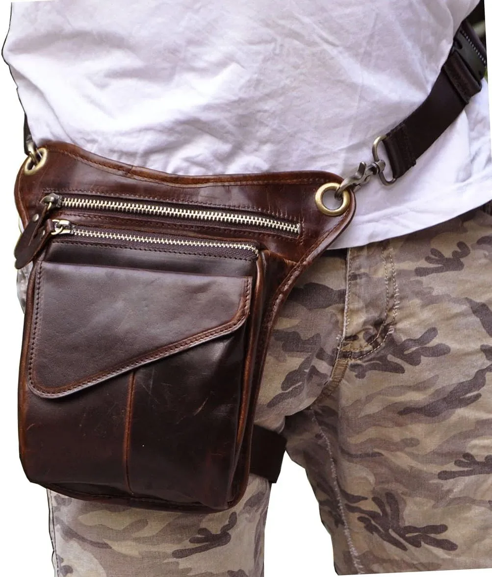 Le'aokuu Mens Genuine Leather Messenger Hiking Waist Hip Bum Pack Drop Leg Bag 211-3
