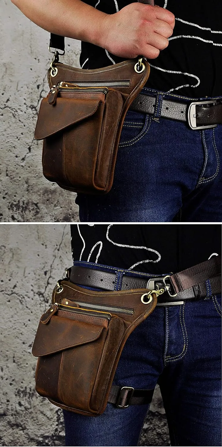 Le'aokuu Mens Genuine Leather Messenger Hiking Waist Hip Bum Pack Drop Leg Bag 211-3