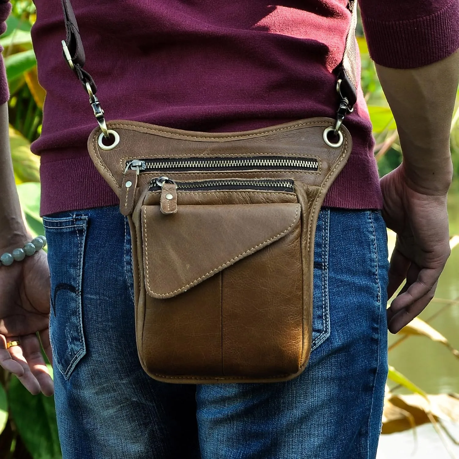 Le'aokuu Mens Genuine Leather Messenger Hiking Waist Hip Bum Pack Drop Leg Bag 211-3