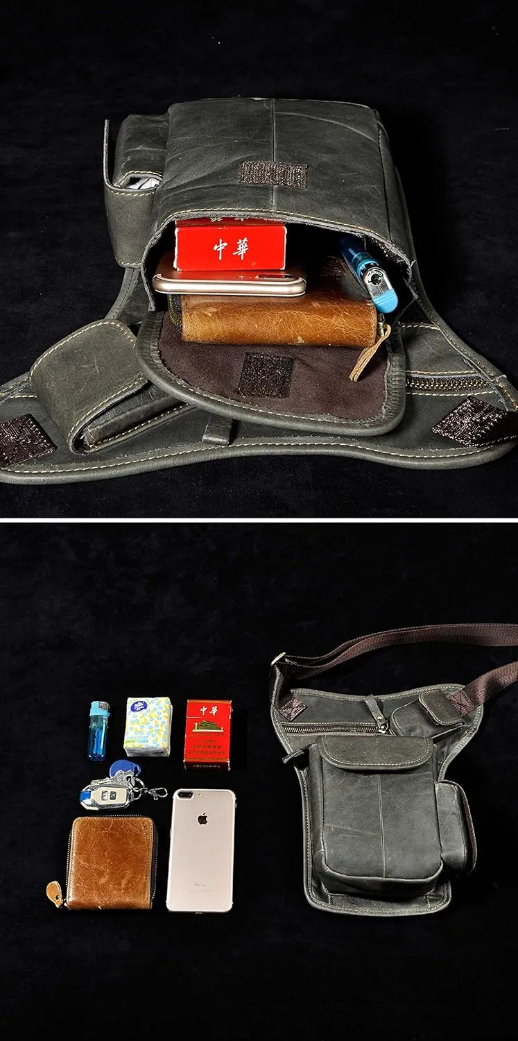 Le'aokuu Mens Genuine Leather Motorcycle Hiking Belt Fanny Waist Hip Bum Pack Drop Leg Bag Pouch 3106
