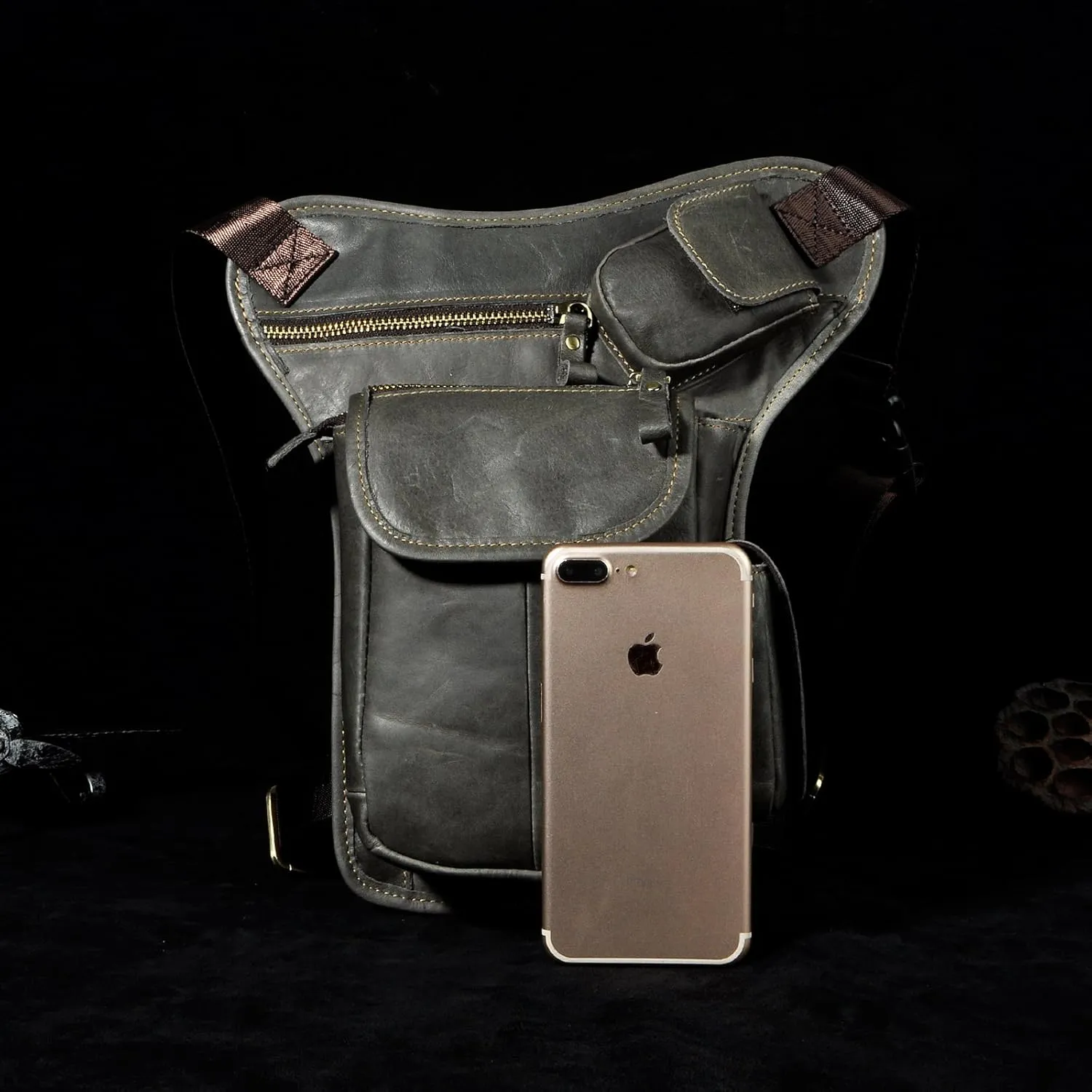 Le'aokuu Mens Genuine Leather Motorcycle Hiking Belt Fanny Waist Hip Bum Pack Drop Leg Bag Pouch 3106