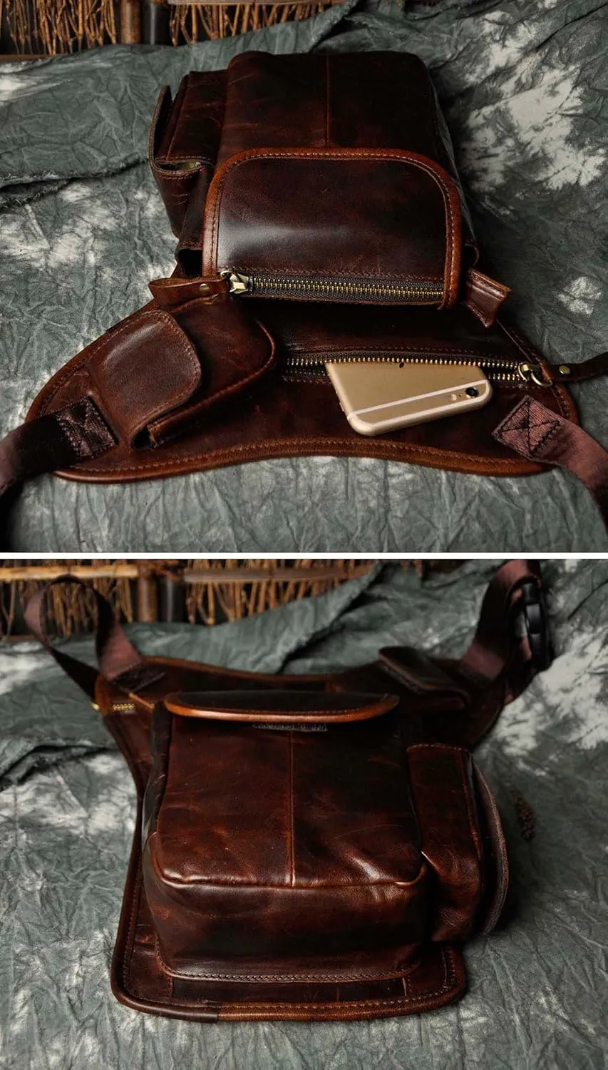 Le'aokuu Mens Genuine Leather Motorcycle Hiking Belt Fanny Waist Hip Bum Pack Drop Leg Bag Pouch 3106