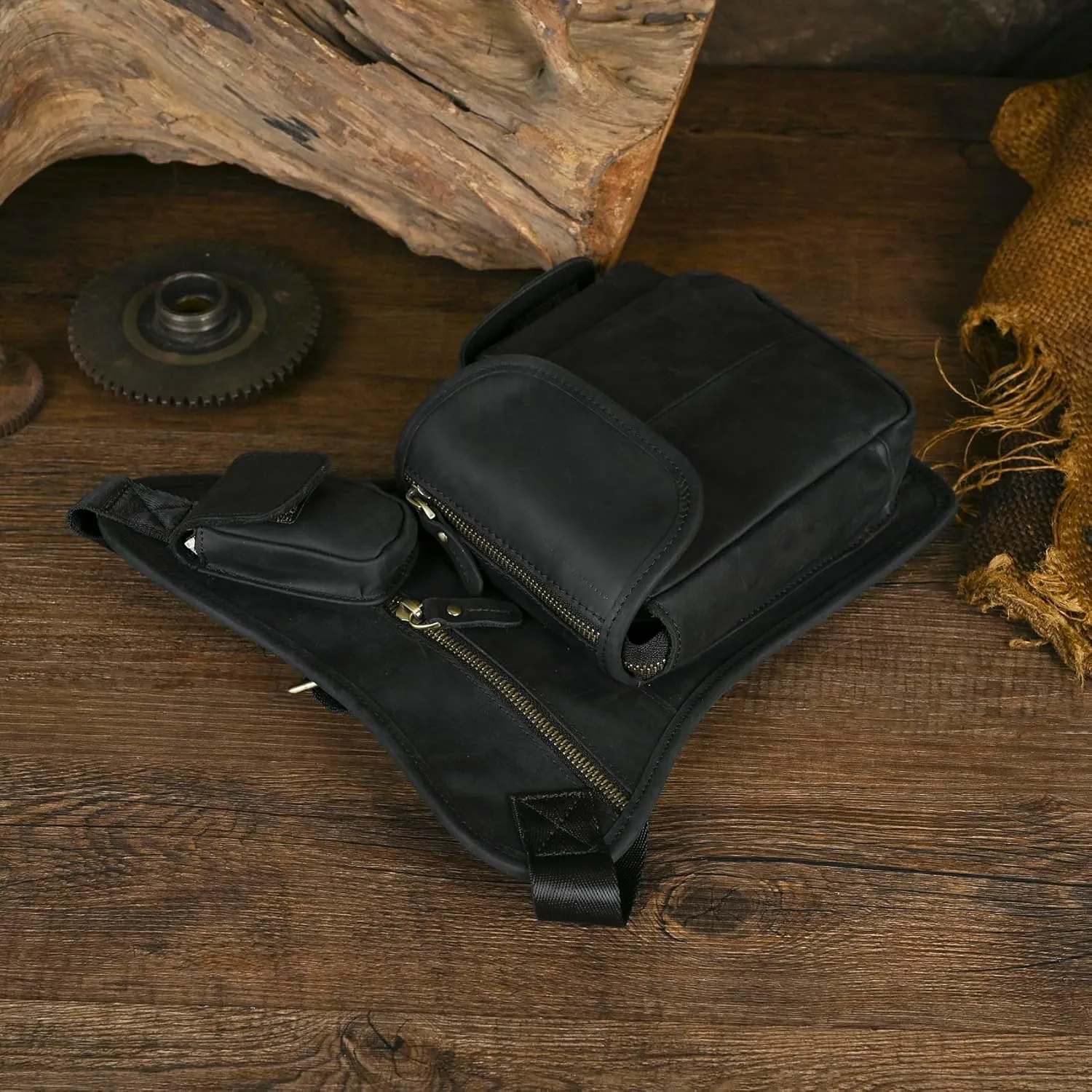 Le'aokuu Mens Genuine Leather Motorcycle Hiking Belt Fanny Waist Hip Bum Pack Drop Leg Bag Pouch 3106