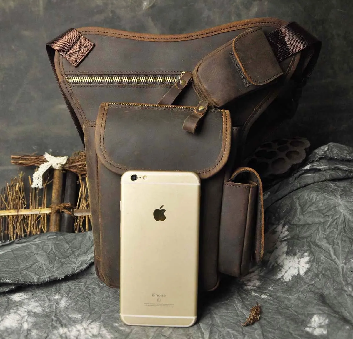 Le'aokuu Mens Genuine Leather Motorcycle Hiking Belt Fanny Waist Hip Bum Pack Drop Leg Bag Pouch 3106