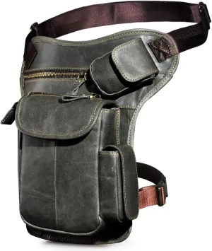 Le'aokuu Mens Genuine Leather Motorcycle Hiking Belt Fanny Waist Hip Bum Pack Drop Leg Bag Pouch 3106