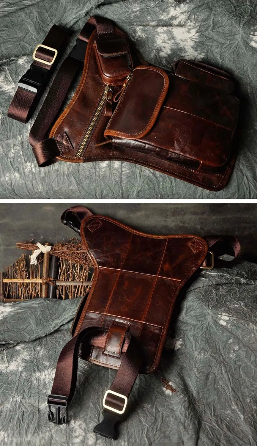 Le'aokuu Mens Genuine Leather Motorcycle Hiking Belt Fanny Waist Hip Bum Pack Drop Leg Bag Pouch 3106