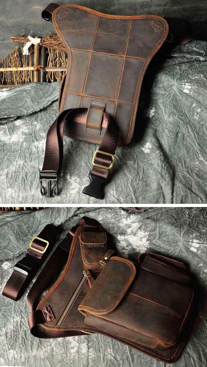 Le'aokuu Mens Genuine Leather Motorcycle Hiking Belt Fanny Waist Hip Bum Pack Drop Leg Bag Pouch 3106