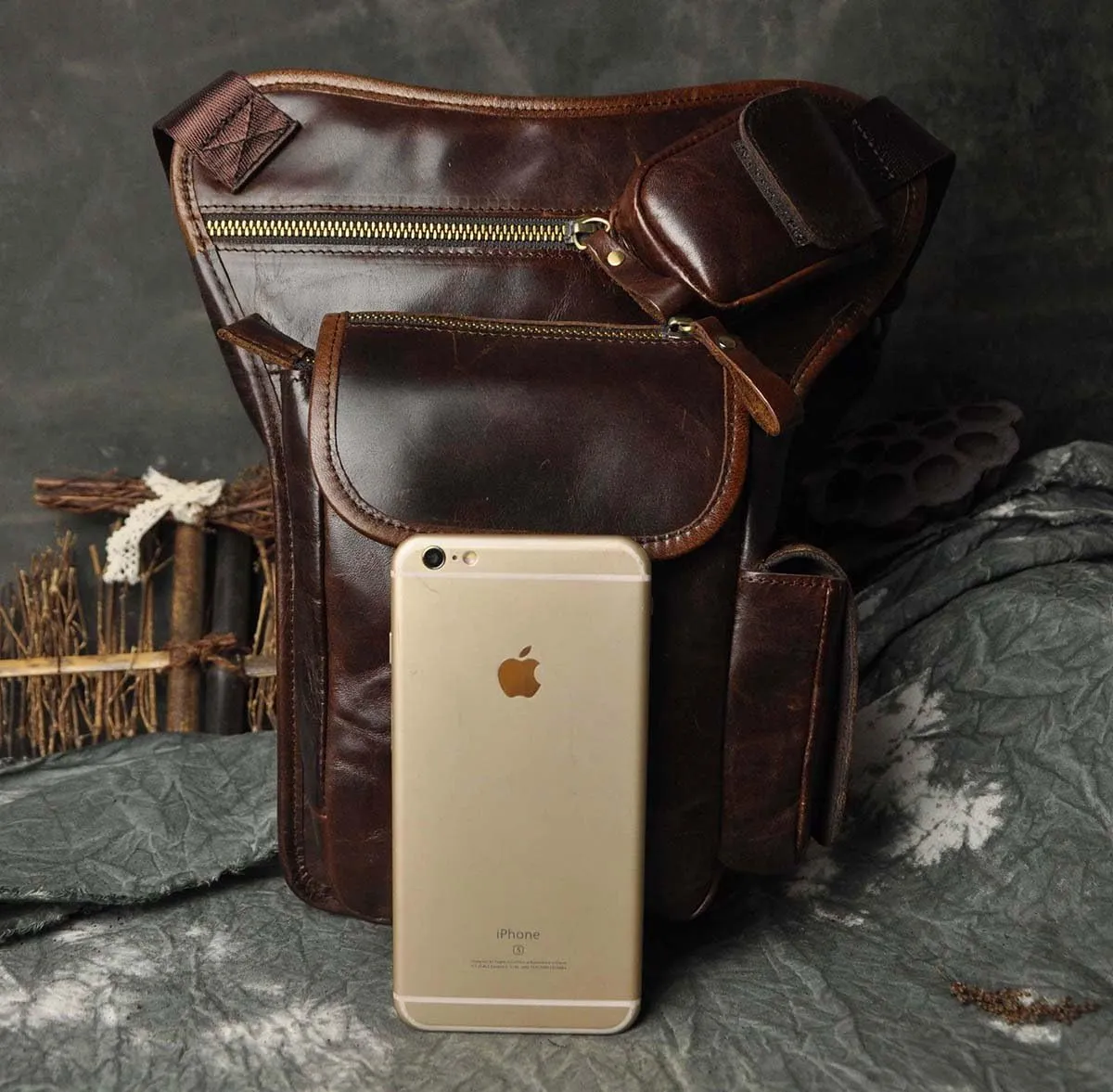 Le'aokuu Mens Genuine Leather Motorcycle Hiking Belt Fanny Waist Hip Bum Pack Drop Leg Bag Pouch 3106