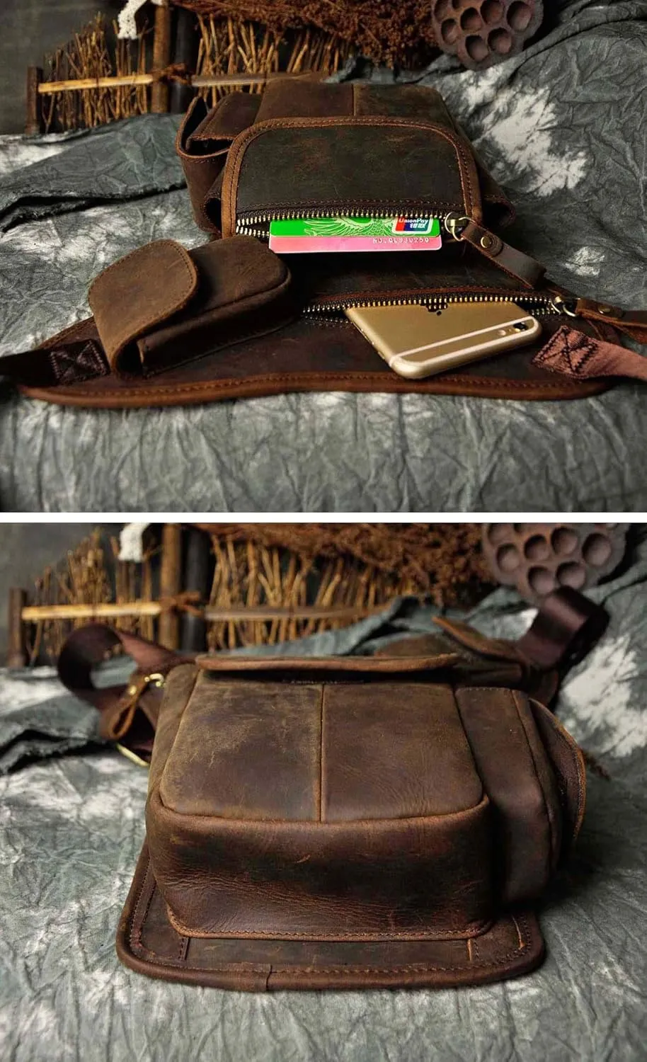 Le'aokuu Mens Genuine Leather Motorcycle Hiking Belt Fanny Waist Hip Bum Pack Drop Leg Bag Pouch 3106