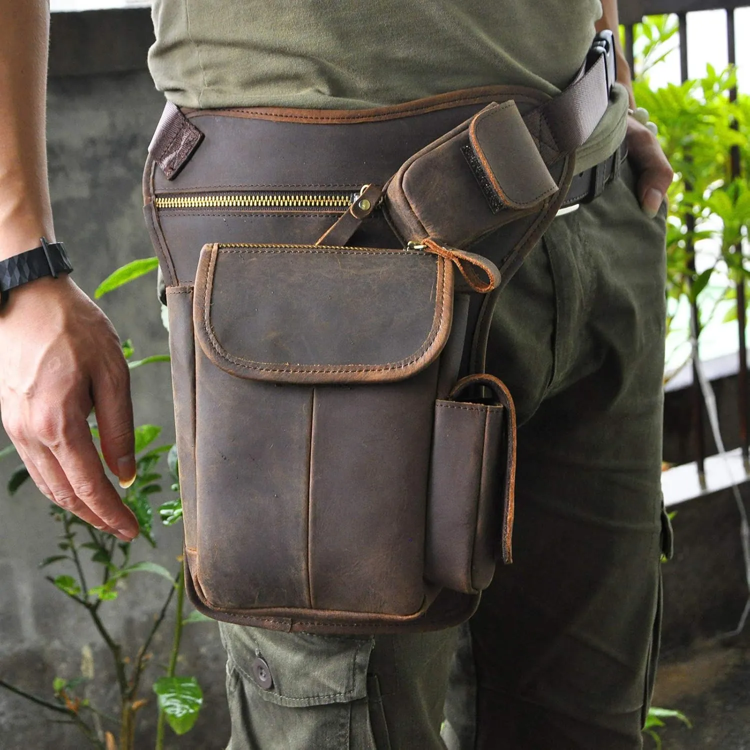 Le'aokuu Mens Genuine Leather Motorcycle Hiking Belt Fanny Waist Hip Bum Pack Drop Leg Bag Pouch 3106