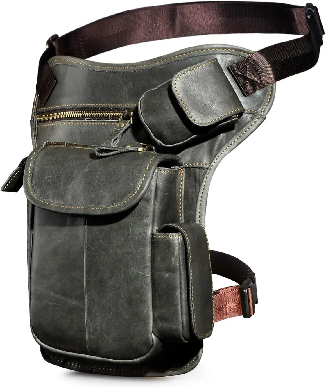 Le'aokuu Mens Genuine Leather Motorcycle Hiking Belt Fanny Waist Hip Bum Pack Drop Leg Bag Pouch 3106