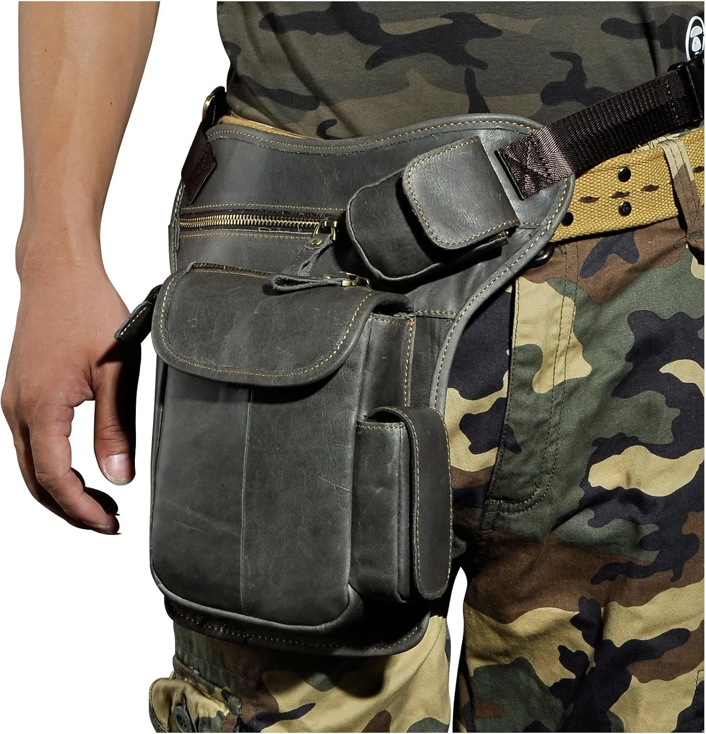 Le'aokuu Mens Genuine Leather Motorcycle Hiking Belt Fanny Waist Hip Bum Pack Drop Leg Bag Pouch 3106