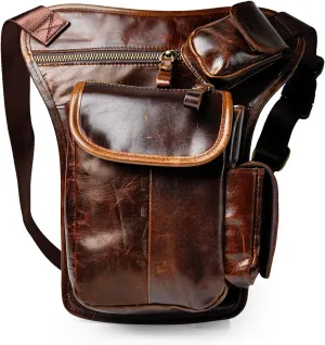 Le'aokuu Mens Genuine Leather Motorcycle Hiking Belt Fanny Waist Hip Bum Pack Drop Leg Bag Pouch 3106