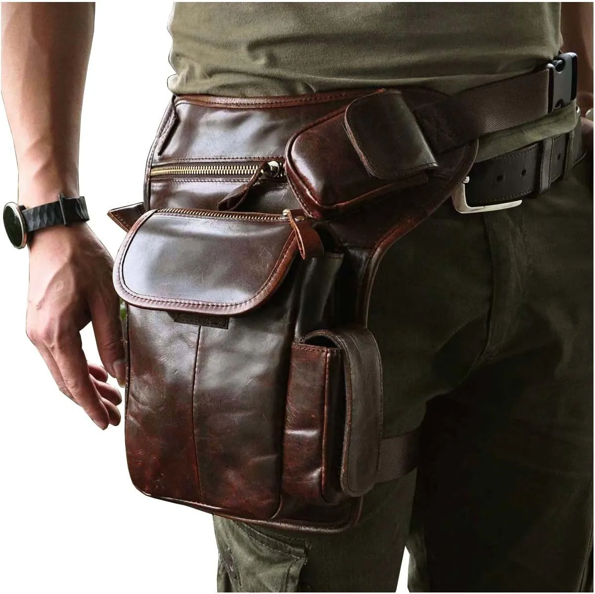 Le'aokuu Mens Genuine Leather Motorcycle Hiking Belt Fanny Waist Hip Bum Pack Drop Leg Bag Pouch 3106