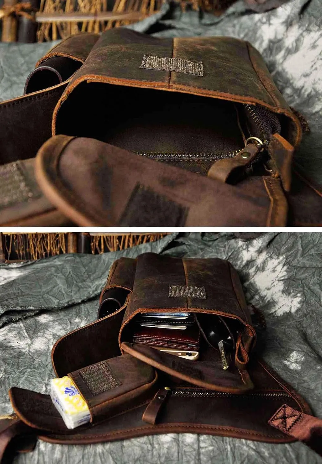 Le'aokuu Mens Genuine Leather Motorcycle Hiking Belt Fanny Waist Hip Bum Pack Drop Leg Bag Pouch 3106