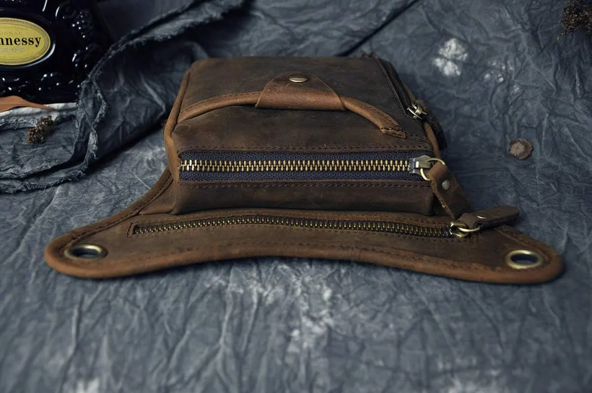 Le'aokuu Mens Genuine Leather Outdoor Sporting Hicking Waist Hip Pack Messenger Shoulder Drop Leg Thigh Bag Pouches For Women (211-5 0 Dark Brown)