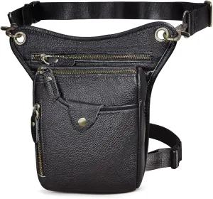 Le'aokuu Mens Genuine Leather Outdoor Sporting Hicking Waist Hip Pack Messenger Shoulder Drop Leg Thigh Bag Pouches For Women (211-5 01 Black)