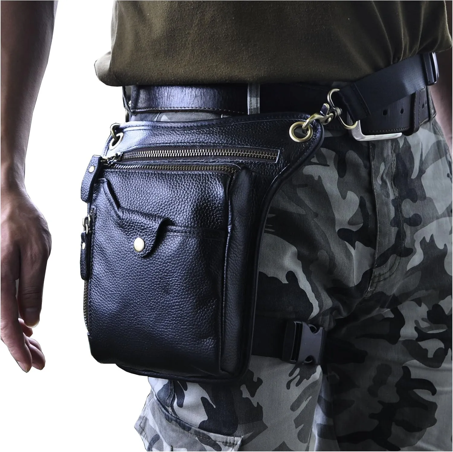Le'aokuu Mens Genuine Leather Outdoor Sporting Hicking Waist Hip Pack Messenger Shoulder Drop Leg Thigh Bag Pouches For Women (211-5 01 Black)