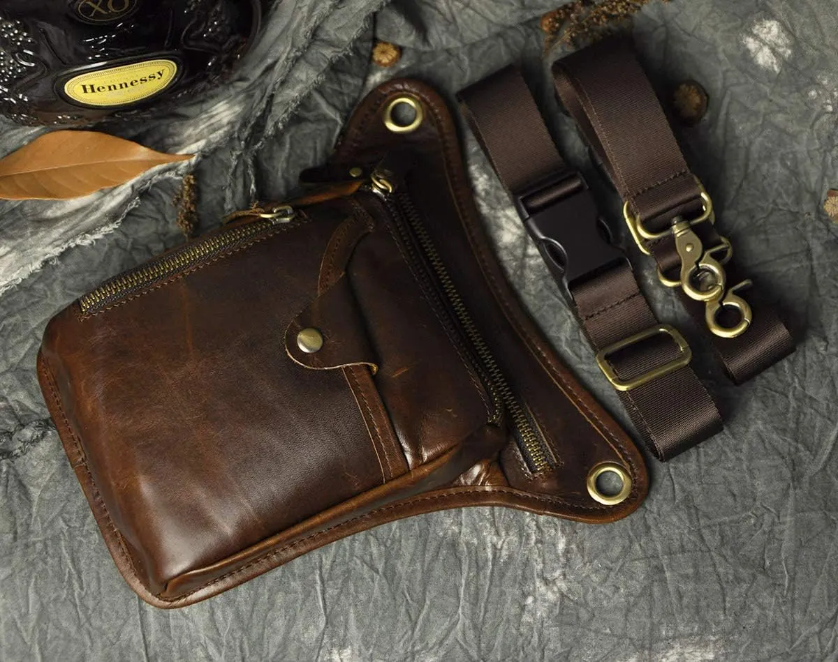 Le'aokuu Mens Genuine Leather Outdoor Sporting Hicking Waist Hip Pack Messenger Shoulder Drop Leg Thigh Bag Pouches For Women 211-5 (Brown 2)