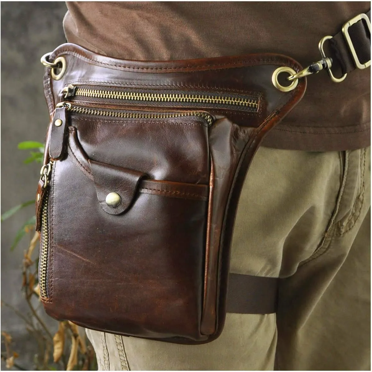 Le'aokuu Mens Genuine Leather Outdoor Sporting Hicking Waist Hip Pack Messenger Shoulder Drop Leg Thigh Bag Pouches For Women 211-5 (Brown 2)